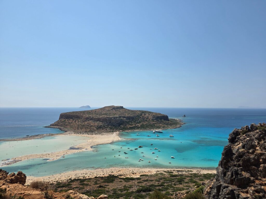 Aerial view of the turquoise shallows and sandy beaches of Balos Lagoon in Crete