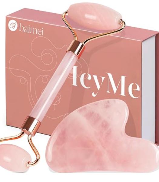 BAIMEI IcyMe Rose Quartz Roller & Gua Sha Facial Tool Set