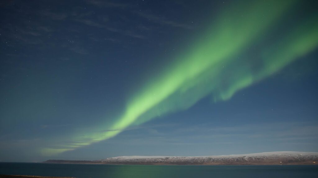 Green northern lights over the sea and snow in Iceland